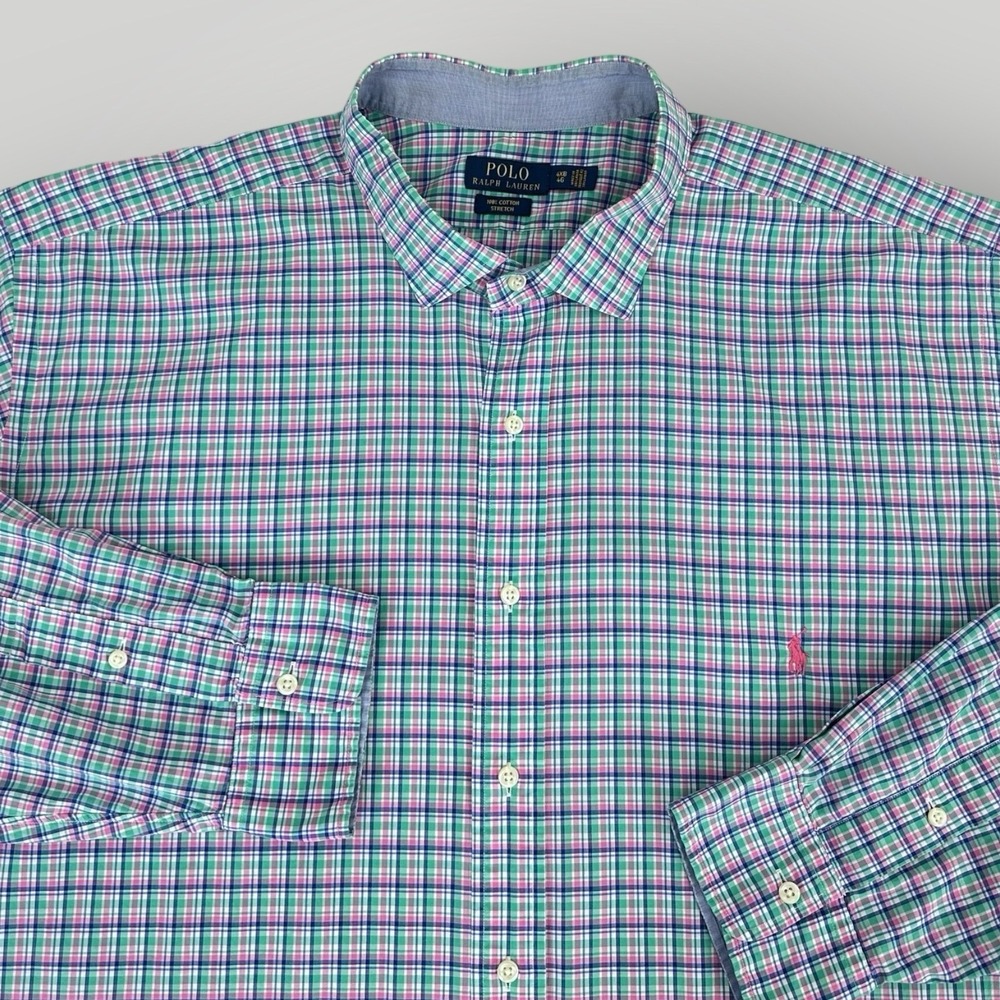 Polo Ralph Lauren Men's 4XB Shirt Green Pink Plaid Long Sleeve Pink Polo Pony